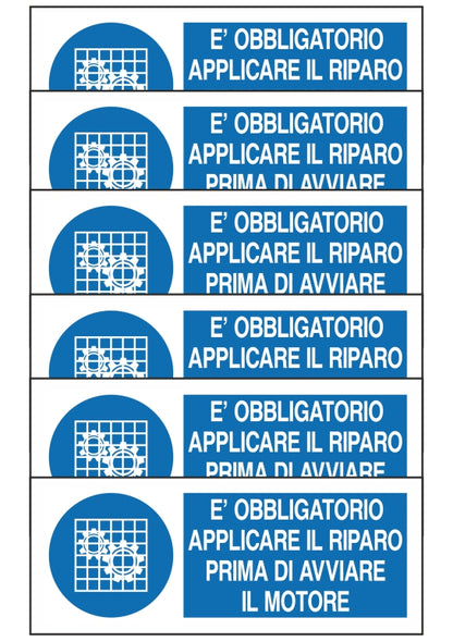 GLOBAL KIT DI 6 ADESIVI UNI - E' OBBLIGATORIO APPLICARE IL RIPARO PRIMA DI AVVIARE IL MOTORE - Pittogramma ISO 7010 Con Stampa Diretta U.V. (IDEALE ANCHE PER ESTERNO)
