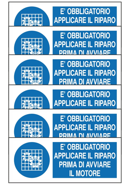 GLOBAL KIT DI 6 ADESIVI UNI - E' OBBLIGATORIO APPLICARE IL RIPARO PRIMA DI AVVIARE IL MOTORE - Pittogramma ISO 7010 Con Stampa Diretta U.V. (IDEALE ANCHE PER ESTERNO)