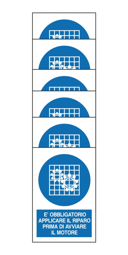 KIT DI 6 ADESIVI RETTANGOLARI - E' OBBLIGATORIO APPLICARE IL RIPARO PRIMA DI AVVIARE IL MOTORE - Pittogramma ISO 7010 Con Stampa Diretta U.V. (IDEALE ANCHE PER ESTERNO)