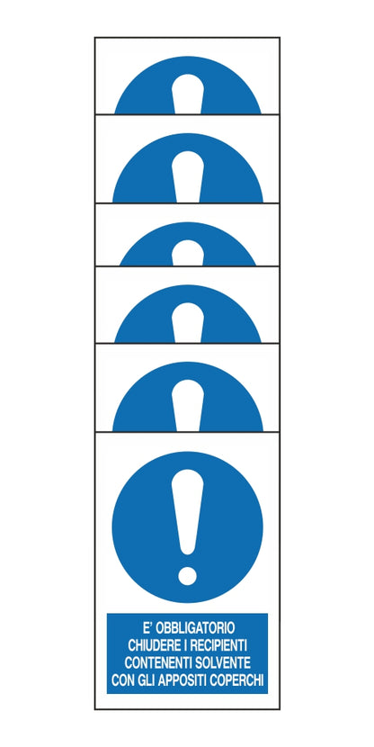 KIT DI 6 ADESIVI RETTANGOLARI - E' OBBLIGATORIO CHIUDERE I RECIPIENTI CONTENENTI SOLVENTE - Pittogramma ISO 7010 Con Stampa Diretta U.V. (IDEALE ANCHE PER ESTERNO)