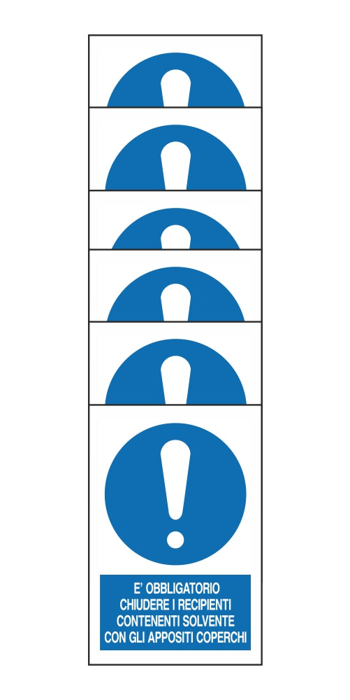 KIT DI 6 ADESIVI RETTANGOLARI - E' OBBLIGATORIO CHIUDERE I RECIPIENTI CONTENENTI SOLVENTE - Pittogramma ISO 7010 Con Stampa Diretta U.V. (IDEALE ANCHE PER ESTERNO)