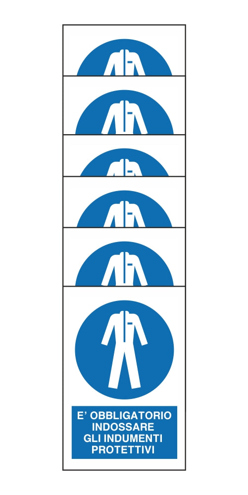 KIT DI 6 ADESIVI RETTANGOLARI - E' OBBLIGATORIO INDOSSARE GLI INDUMENTI PROTETTIVI - Pittogramma ISO 7010 Con Stampa Diretta U.V. (IDEALE ANCHE PER ESTERNO)