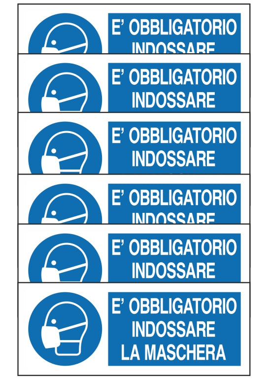 GLOBAL KIT DI 6 ADESIVI UNI - E' OBBLIGATORIO INDOSSARE LA MASCHERA - Pittogramma ISO 7010 Con Stampa Diretta U.V. (IDEALE ANCHE PER ESTERNO)