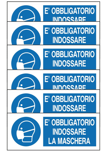 GLOBAL KIT DI 6 ADESIVI UNI - E' OBBLIGATORIO INDOSSARE LA MASCHERA - Pittogramma ISO 7010 Con Stampa Diretta U.V. (IDEALE ANCHE PER ESTERNO)