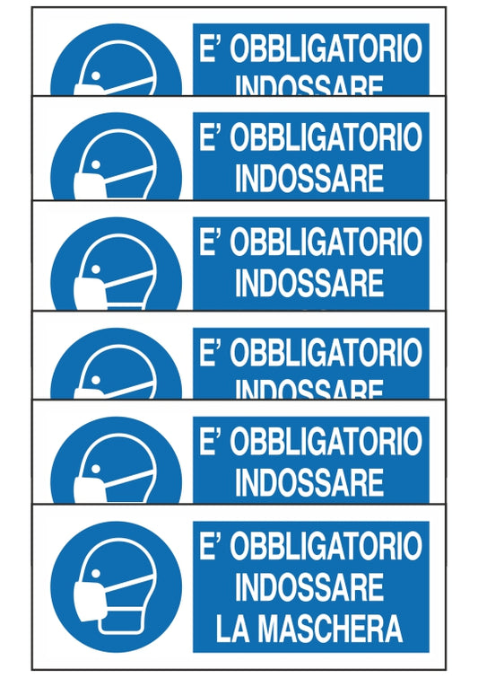 GLOBAL KIT DI 6 ADESIVI UNI - E' OBBLIGATORIO INDOSSARE LA MASCHERA - Pittogramma ISO 7010 Con Stampa Diretta U.V. (IDEALE ANCHE PER ESTERNO)