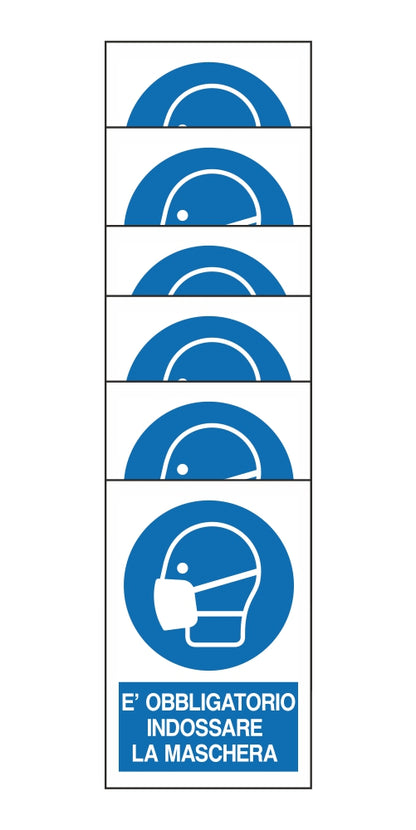 KIT DI 6 ADESIVI RETTANGOLARI - E' OBBLIGATORIO INDOSSARE LA MASCHERA - Pittogramma ISO 7010 Con Stampa Diretta U.V. (IDEALE ANCHE PER ESTERNO)