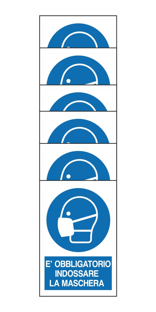 KIT DI 6 ADESIVI RETTANGOLARI - E' OBBLIGATORIO INDOSSARE LA MASCHERA - Pittogramma ISO 7010 Con Stampa Diretta U.V. (IDEALE ANCHE PER ESTERNO)