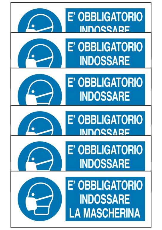 GLOBAL KIT DI 6 ADESIVI UNI - E' OBBLIGATORIO INDOSSARE LA MASCHERINA - Pittogramma ISO 7010 Con Stampa Diretta U.V. (IDEALE ANCHE PER ESTERNO)