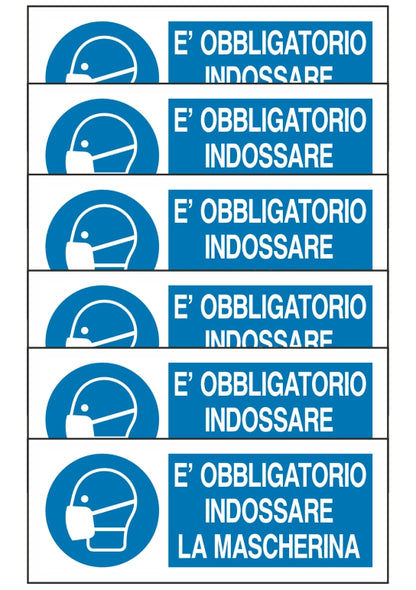 GLOBAL KIT DI 6 ADESIVI UNI - E' OBBLIGATORIO INDOSSARE LA MASCHERINA - Pittogramma ISO 7010 Con Stampa Diretta U.V. (IDEALE ANCHE PER ESTERNO)