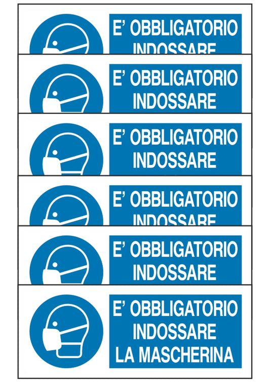 GLOBAL KIT DI 6 ADESIVI UNI - E' OBBLIGATORIO INDOSSARE LA MASCHERINA - Pittogramma ISO 7010 Con Stampa Diretta U.V. (IDEALE ANCHE PER ESTERNO)