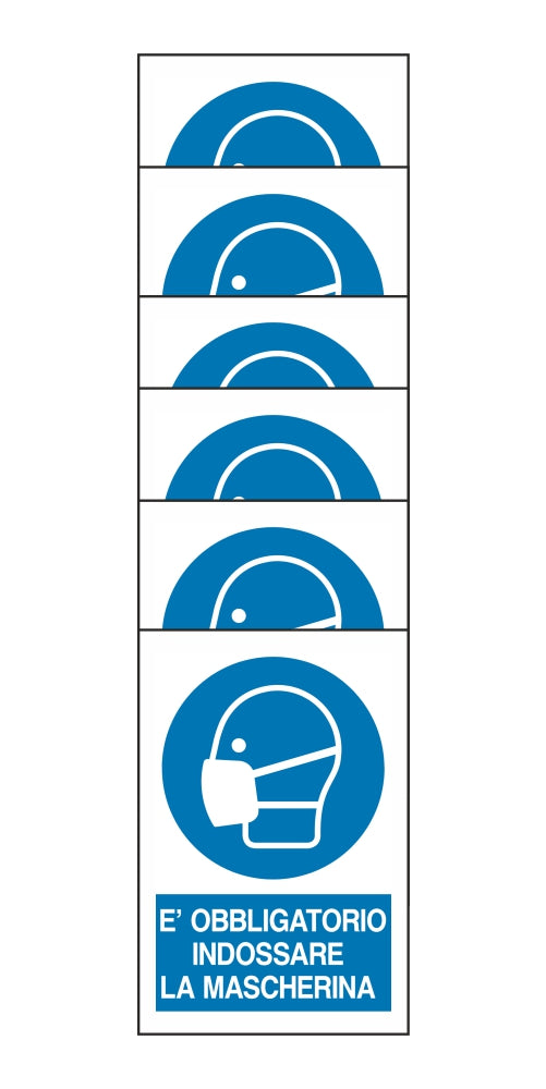 KIT DI 6 ADESIVI RETTANGOLARI - E' OBBLIGATORIO INDOSSARE LA MASCHERINA - Pittogramma ISO 7010 Con Stampa Diretta U.V. (IDEALE ANCHE PER ESTERNO)