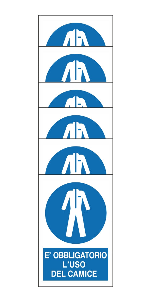 KIT DI 6 ADESIVI RETTANGOLARI - E' OBBLIGATORIO L'USO DEL CAMICE - Pittogramma ISO 7010 Con Stampa Diretta U.V. (IDEALE ANCHE PER ESTERNO)