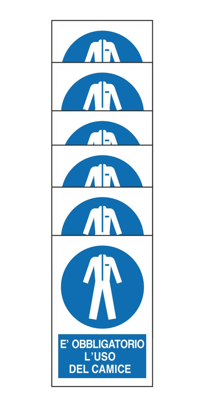 KIT DI 6 ADESIVI RETTANGOLARI - E' OBBLIGATORIO L'USO DEL CAMICE - Pittogramma ISO 7010 Con Stampa Diretta U.V. (IDEALE ANCHE PER ESTERNO)