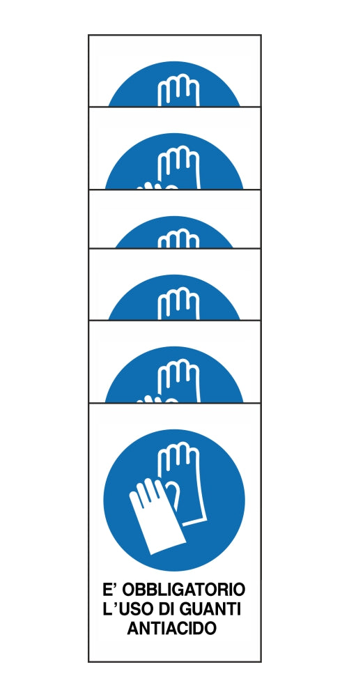 KIT DI 6 ADESIVI RETTANGOLARI - E' OBBLIGATORIO L'USO DI GUANTI ANTIACIDO - Pittogramma ISO 7010 Con Stampa Diretta U.V. (IDEALE ANCHE PER ESTERNO)