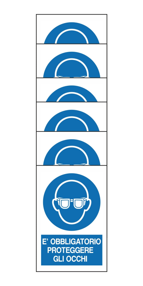 KIT DI 6 ADESIVI RETTANGOLARI - E' OBBLIGATORIO PROTEGGERE GLI OCCHI - Pittogramma ISO 7010 Con Stampa Diretta U.V. (IDEALE ANCHE PER ESTERNO)