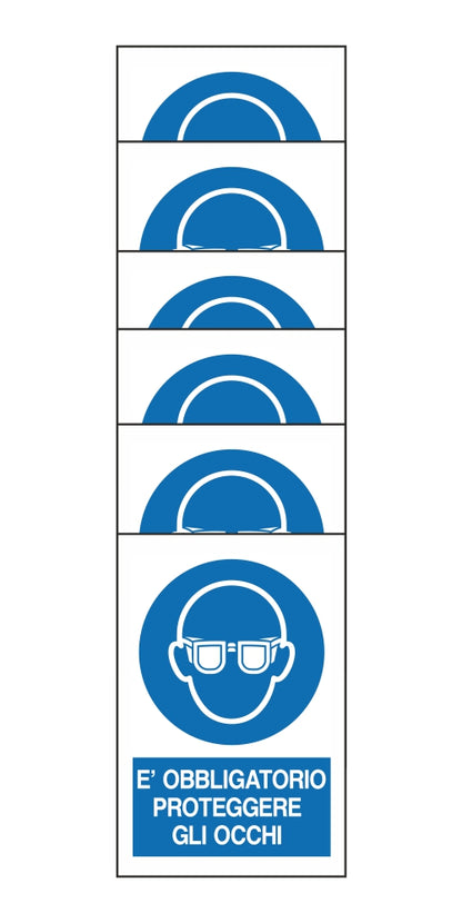 KIT DI 6 ADESIVI RETTANGOLARI - E' OBBLIGATORIO PROTEGGERE GLI OCCHI - Pittogramma ISO 7010 Con Stampa Diretta U.V. (IDEALE ANCHE PER ESTERNO)