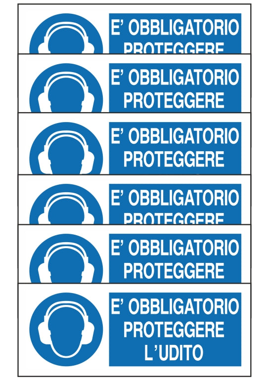 GLOBAL KIT DI 6 ADESIVI UNI - E' OBBLIGATORIO PROTEGGERE L'UDITO - Pittogramma ISO 7010 Con Stampa Diretta U.V. (IDEALE ANCHE PER ESTERNO)