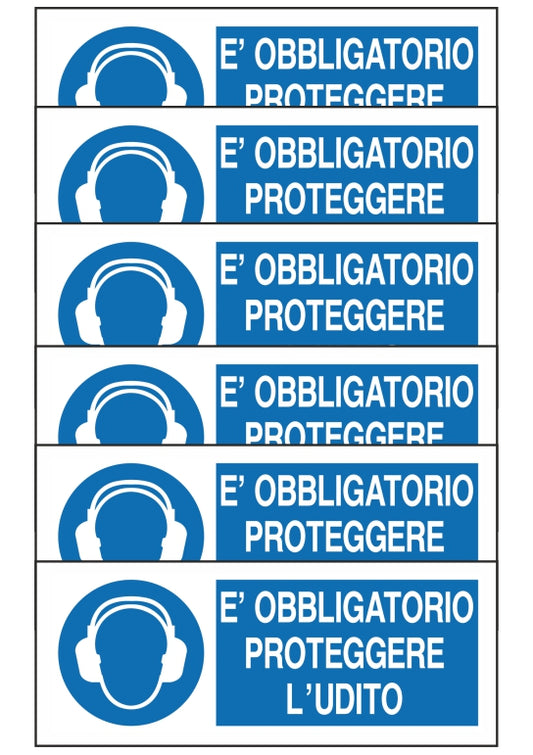 GLOBAL KIT DI 6 ADESIVI UNI - E' OBBLIGATORIO PROTEGGERE L'UDITO - Pittogramma ISO 7010 Con Stampa Diretta U.V. (IDEALE ANCHE PER ESTERNO)
