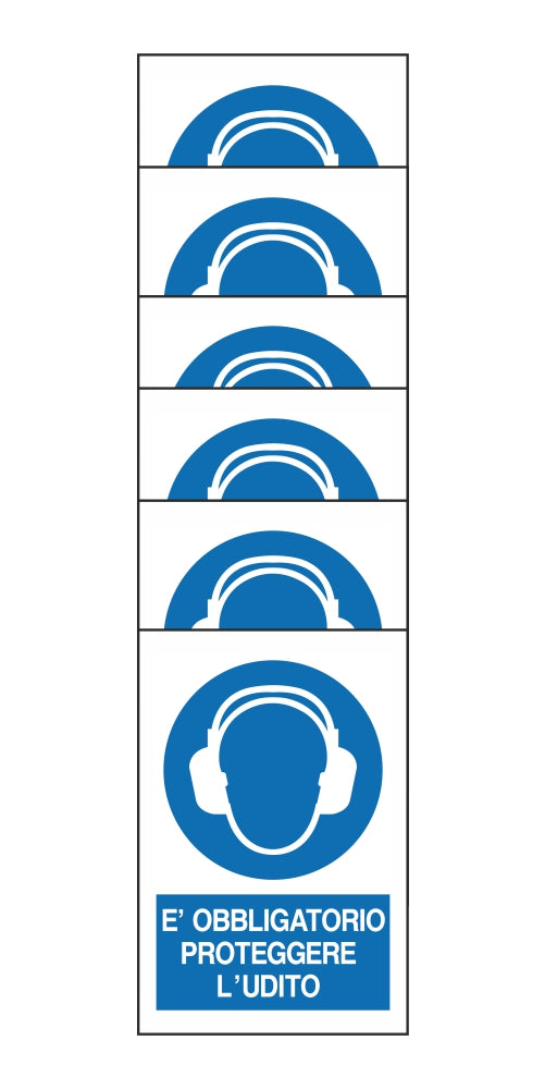 KIT DI 6 ADESIVI RETTANGOLARI - E'OBBLIGATORIO PROTEGGERE L'UDITO - Pittogramma ISO 7010 Con Stampa Diretta U.V. (IDEALE ANCHE PER ESTERNO)