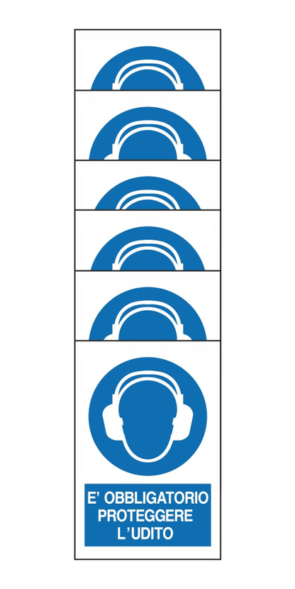 KIT DI 6 ADESIVI RETTANGOLARI - E'OBBLIGATORIO PROTEGGERE L'UDITO - Pittogramma ISO 7010 Con Stampa Diretta U.V. (IDEALE ANCHE PER ESTERNO)
