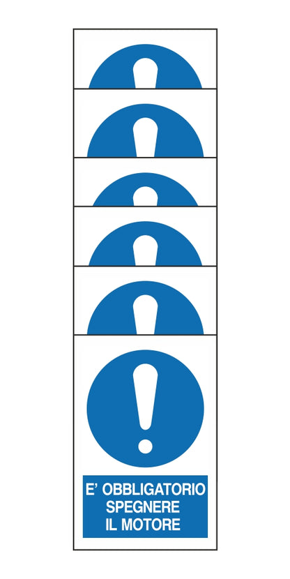 KIT DI 6 ADESIVI RETTANGOLARI - E' OBBLIGATORIO SPEGNERE IL MOTORE - Pittogramma ISO 7010 Con Stampa Diretta U.V. (IDEALE ANCHE PER ESTERNO)