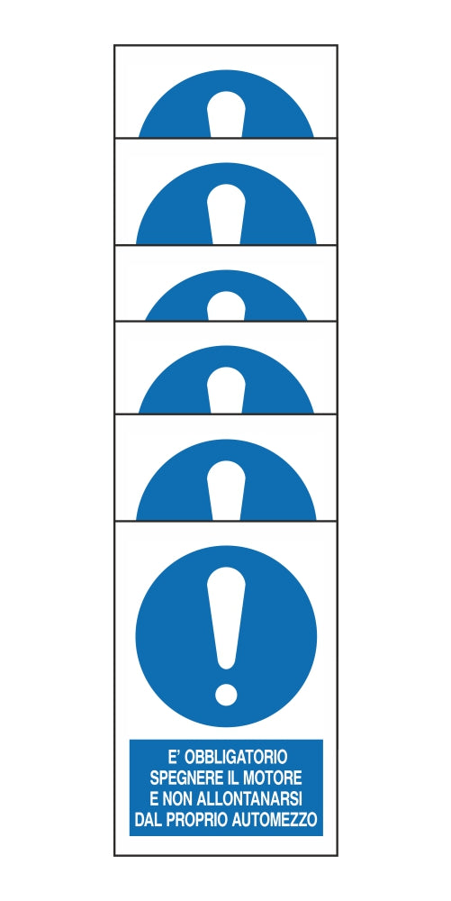 KIT DI 6 ADESIVI RETTANGOLARI - E' OBBLIGATORIO SPEGNERE IL MOTORE E NON ALLONTANARSI DAL PROPRIO AUTOMEZZO - Pittogramma ISO 7010 Con Stampa Diretta U.V. (IDEALE ANCHE PER ESTERNO)