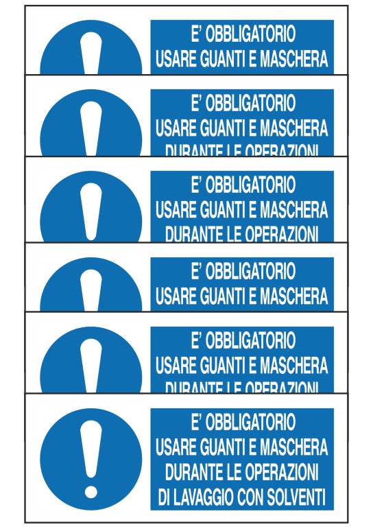 GLOBAL KIT DI 6 ADESIVI UNI - E' OBBLIGATORIO USARE GUANTI E MASCHERA DURANTE LE OPERAZIONI DI LAVAGGIO - Pittogramma ISO 7010 Con Stampa Diretta U.V. (IDEALE ANCHE PER ESTERNO)
