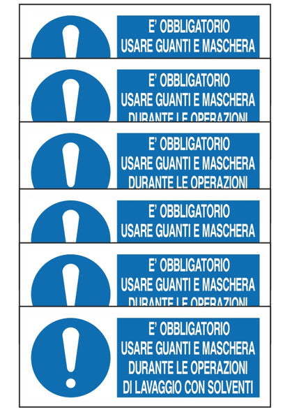 GLOBAL KIT DI 6 ADESIVI UNI - E' OBBLIGATORIO USARE GUANTI E MASCHERA DURANTE LE OPERAZIONI DI LAVAGGIO - Pittogramma ISO 7010 Con Stampa Diretta U.V. (IDEALE ANCHE PER ESTERNO)