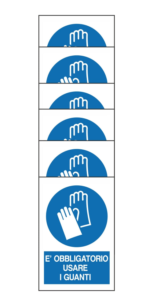 KIT DI 6 ADESIVI RETTANGOLARI - E' OBBLIGATORIO USARE I GUANTI - Pittogramma ISO 7010 Con Stampa Diretta U.V. (IDEALE ANCHE PER ESTERNO)