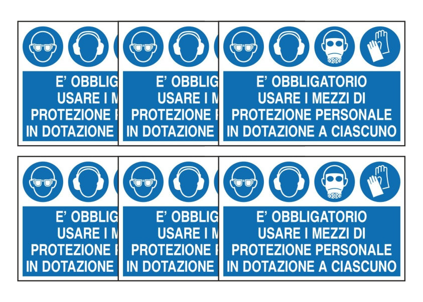 KIT DI 6 ADESIVI RETTANGOLARI - E' OBBLIGATORIO USARE I MEZZI DI PROTEZIONE PERSONALE - Pittogramma ISO 7010 Con Stampa Diretta U.V. (IDEALE ANCHE PER ESTERNO)