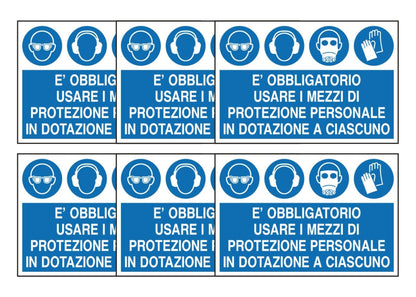 KIT DI 6 ADESIVI RETTANGOLARI - E' OBBLIGATORIO USARE I MEZZI DI PROTEZIONE PERSONALE - Pittogramma ISO 7010 Con Stampa Diretta U.V. (IDEALE ANCHE PER ESTERNO)
