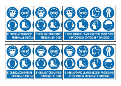 KIT DI 6 ADESIVI RETTANGOLARI - E' OBBLIGATORIO USARE I MEZZI DI PROTEZIONE PERSONALE modello 2 - Pittogramma ISO 7010 Con Stampa Diretta U.V. (IDEALE ANCHE PER ESTERNO)