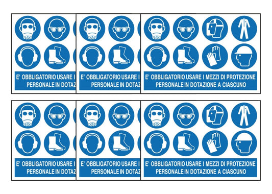 KIT DI 6 ADESIVI RETTANGOLARI - E' OBBLIGATORIO USARE I MEZZI DI PROTEZIONE PERSONALE modello 2 - Pittogramma ISO 7010 Con Stampa Diretta U.V. (IDEALE ANCHE PER ESTERNO)