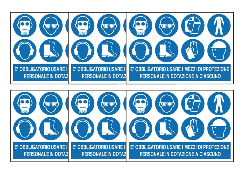 KIT DI 6 ADESIVI RETTANGOLARI - E' OBBLIGATORIO USARE I MEZZI DI PROTEZIONE PERSONALE modello 3 - Pittogramma ISO 7010 Con Stampa Diretta U.V. (IDEALE ANCHE PER ESTERNO)