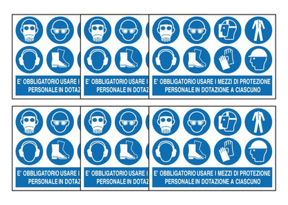 KIT DI 6 ADESIVI RETTANGOLARI - E' OBBLIGATORIO USARE I MEZZI DI PROTEZIONE PERSONALE modello 3 - Pittogramma ISO 7010 Con Stampa Diretta U.V. (IDEALE ANCHE PER ESTERNO)