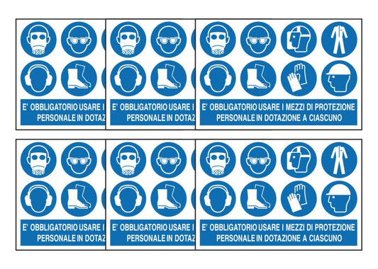 KIT DI 6 ADESIVI RETTANGOLARI - E' OBBLIGATORIO USARE I MEZZI DI PROTEZIONE PERSONALE modello 3 - Pittogramma ISO 7010 Con Stampa Diretta U.V. (IDEALE ANCHE PER ESTERNO)
