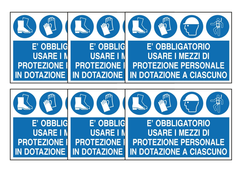 KIT DI 6 ADESIVI RETTANGOLARI - E' OBBLIGATORIO USARE I MEZZI DI PROTEZIONE PERSONALE - Pittogramma ISO 7010 Con Stampa Diretta U.V. (IDEALE ANCHE PER ESTERNO)