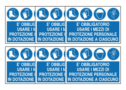 KIT DI 6 ADESIVI RETTANGOLARI - E' OBBLIGATORIO USARE I MEZZI DI PROTEZIONE PERSONALE - Pittogramma ISO 7010 Con Stampa Diretta U.V. (IDEALE ANCHE PER ESTERNO)