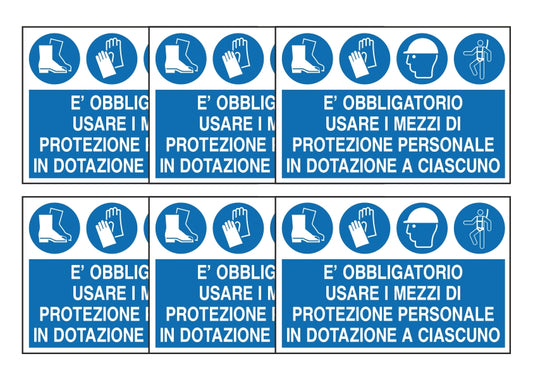 KIT DI 6 ADESIVI RETTANGOLARI - E' OBBLIGATORIO USARE I MEZZI DI PROTEZIONE PERSONALE - Pittogramma ISO 7010 Con Stampa Diretta U.V. (IDEALE ANCHE PER ESTERNO)