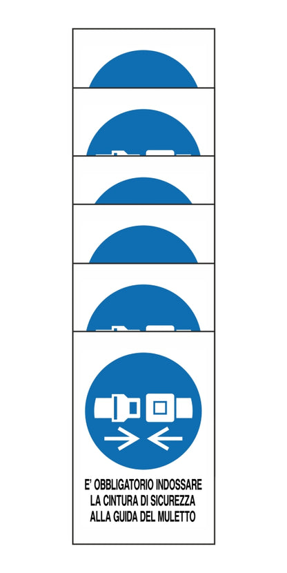 KIT DI 6 ADESIVI RETTANGOLARI - E' OBBLIGATORIO USARE LA CINTURA DI SICUREZZA ALLA GUIDA DEL MULETTO - Pittogramma ISO 7010 Con Stampa Diretta U.V. (IDEALE ANCHE PER ESTERNO)