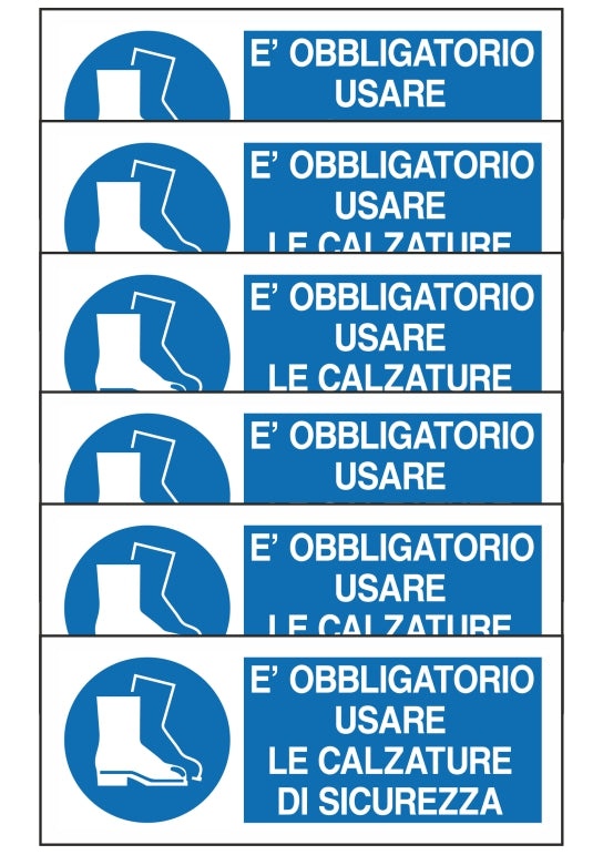 GLOBAL KIT DI 6 ADESIVI UNI - E' OBBLIGATORIO USARE LE CALZATURE DI SICUREZZA - Pittogramma ISO 7010 Con Stampa Diretta U.V. (IDEALE ANCHE PER ESTERNO)