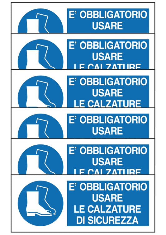 GLOBAL KIT DI 6 ADESIVI UNI - E' OBBLIGATORIO USARE LE CALZATURE DI SICUREZZA - Pittogramma ISO 7010 Con Stampa Diretta U.V. (IDEALE ANCHE PER ESTERNO)