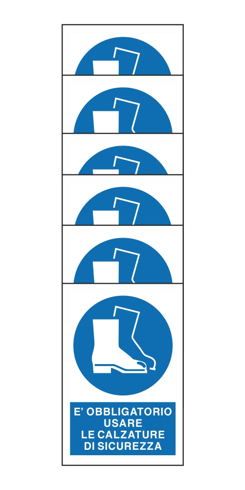 KIT DI 6 ADESIVI RETTANGOLARI - E' OBBLIGATORIO USARE LE CALZATURE DI SICUREZZA - Pittogramma ISO 7010 Con Stampa Diretta U.V. (IDEALE ANCHE PER ESTERNO)
