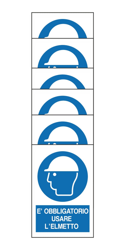 KIT DI 6 ADESIVI RETTANGOLARI - E'OBBLIGATORIO USARE L'ELMETTO - Pittogramma ISO 7010 Con Stampa Diretta U.V. (IDEALE ANCHE PER ESTERNO)