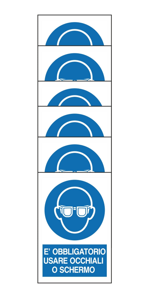 KIT DI 6 ADESIVI RETTANGOLARI - E' OBBLIGATORIO USARE OCCHIALI O SCHERMO - Pittogramma ISO 7010 Con Stampa Diretta U.V. (IDEALE ANCHE PER ESTERNO)