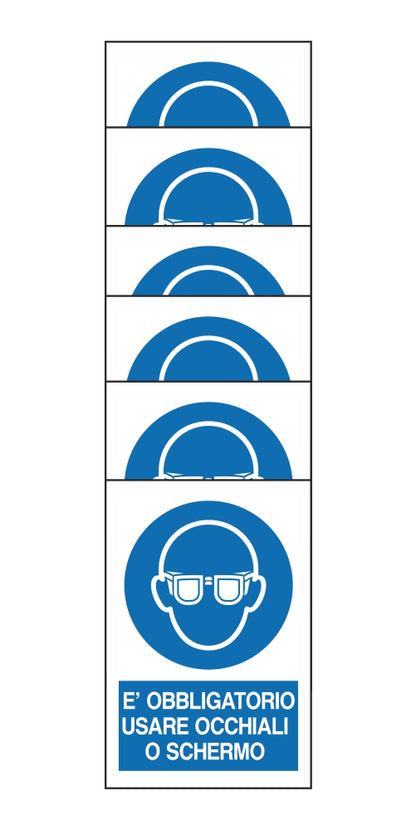 KIT DI 6 ADESIVI RETTANGOLARI - E' OBBLIGATORIO USARE OCCHIALI O SCHERMO - Pittogramma ISO 7010 Con Stampa Diretta U.V. (IDEALE ANCHE PER ESTERNO)