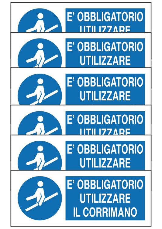 GLOBAL KIT DI 6 ADESIVI UNI - E' OBBLIGATORIO UTILIZZARE IL CORRIMANO - Pittogramma ISO 7010 Con Stampa Diretta U.V. (IDEALE ANCHE PER ESTERNO)