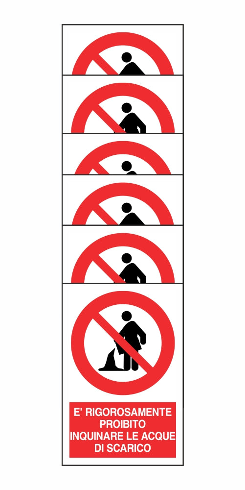 KIT DI 6 ADESIVI RETTANGOLARI - È RIGOROSAMENTE PROIBITO INQUINARE LE ACQUE DI SCARICO - Pittogramma ISO 7010 Con Stampa Diretta U.V. (IDEALE ANCHE PER ESTERNO)