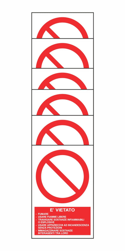 KIT DI 6 ADESIVI RETTANGOLARI - E' VIETATO: FUMARE, USARE FIAMME LIBERE, TRAVASARE.. - Pittogramma ISO 7010 Con Stampa Diretta U.V. (IDEALE ANCHE PER ESTERNO)