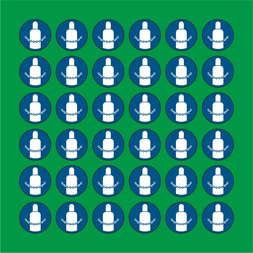 PACCO DA 6 KIT DI 6 ADESIVI ROTONDI - È obbligatorio assicurare le bombole di gas - Pittogramma ISO 7010 Con Stampa Diretta U.V.